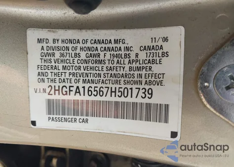 2007 Honda Civic Lx z USA, uszkodzony, nr VIN 2HGFA16567H501739